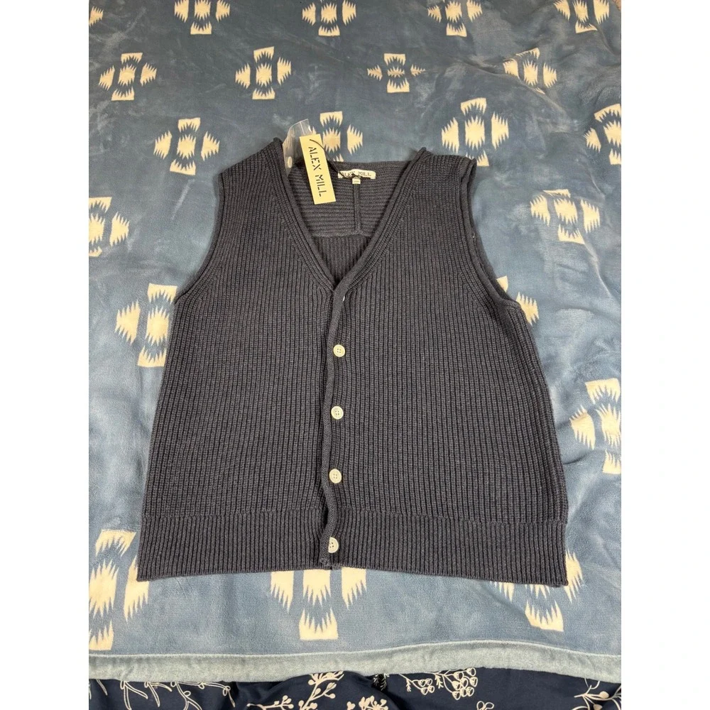 Alex Mill Women Blue Ribbed V-Neck Button Front Cardigan Sweater Vest Large NWT